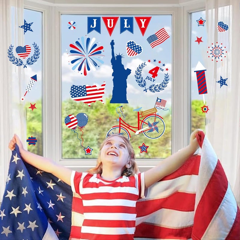 i-Beeboo 4th of July Patriotic Window Clings USA Double-Sided Window Art Decals USA Independence Memorial Day Stripes Star Fireworks Flags Balloon Decorations for Home School Office 9 Sheets (A) - Image 5